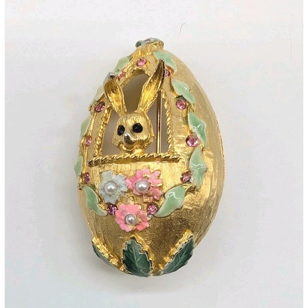 Vtg Mylu Easter Egg Bunny Brooch Pin Rhinestone Enamel Gold Tone